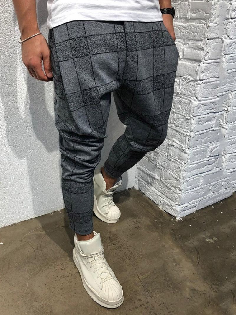 Blyant Plaid Print Mid Waist Style Mænds Afslappede Bukser