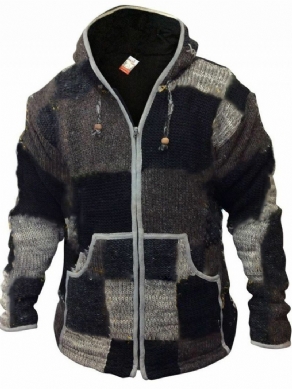 Hooded Pocket Color Block Loose Vintage Sweater